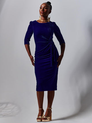 3/4 Sleeve Tie Detail Velvet Midi Dress, Royal Blue
