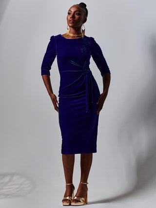3/4 Sleeve Tie Detail Velvet Midi Dress, Royal Blue Jolie Moi Retail 3/4 Sleeve Tie Detail Velvet Midi Dress, Royal Blue Jolie Moi Retail