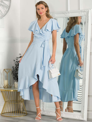 Vella Frill Wrap Maxi Dress, Baby Blue