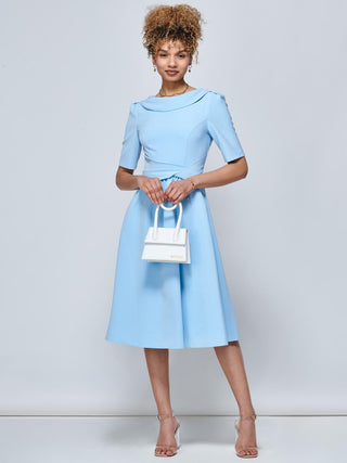 Beckie Fold Over Detail Flared Dress, Light Blue, Elbow Length Sleeve, Fit & Flare, Plain, Midi Dress,Fold-over Neckline, Front Side
