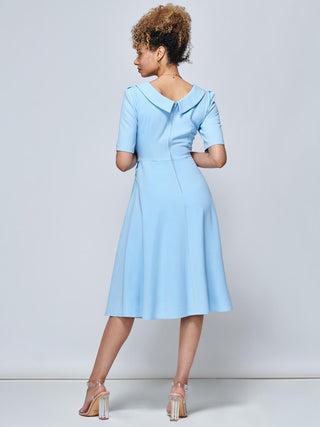 Beckie Fold Over Detail Flared Dress, Light Blue, Elbow Length Sleeve, Fit & Flare, Plain, Midi Dress,Fold-over Neckline, Back-zip Fastening, Back Side