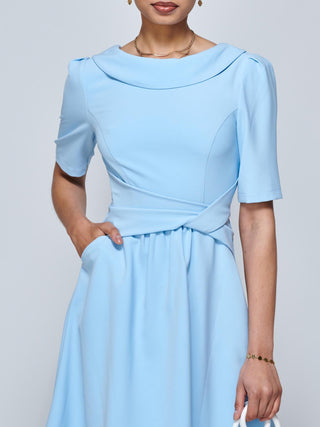 Beckie Fold Over Detail Flared Dress, Light Blue, Elbow Length Sleeve, Fit & Flare, Plain, Midi Dress,Fold-over Neckline, Front Side