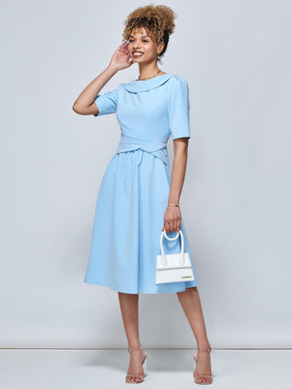 Beckie Fold Over Detail Flared Dress, Light Blue, Elbow Length Sleeve, Fit & Flare, Plain, Midi Dress,Fold-over Neckline, Side Image