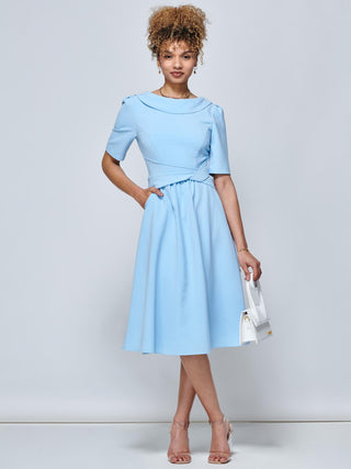 Beckie Fold Over Detail Flared Dress, Light Blue, Elbow Length Sleeve, Fit & Flare, Plain, Midi Dress,Fold-over Neckline, Two Funtional Pockets, Front Side