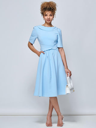 Beckie Fold Over Detail Flared Dress, Light Blue Jolie Moi Retail Beckie Fold Over Detail Flared Dress, Light Blue Jolie Moi Retail