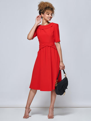 Beckie Fold Over Detail Flared Dress, Red