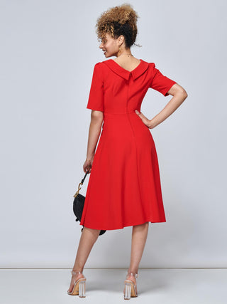 Beckie Fold Over Detail Flared Dress, Red, Elbow Length Sleeve, Fit & Flare, Plain, Midi Dress, Backzip Fastening, Back Side