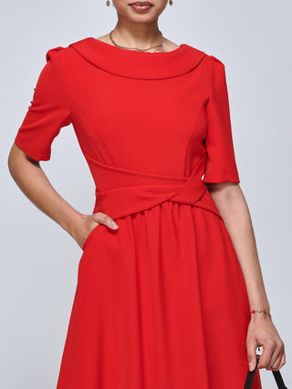 Beckie Fold Over Detail Flared Dress, Red, Elbow Length Sleeve, Fit & Flare, Plain, Midi Dress, Two Funtional Pockets, Close up Image