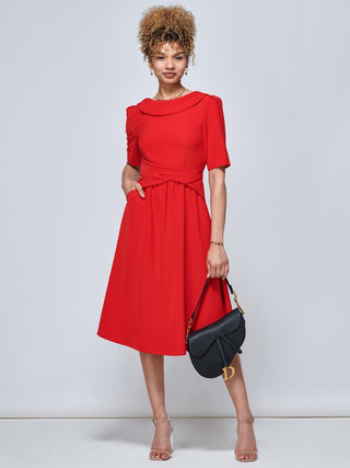 Beckie Fold Over Detail Flared Dress, Red, Elbow Length Sleeve, Fit & Flare, Plain, Midi Dress, Over the Knee, Two Funtional Pockets, Front Side