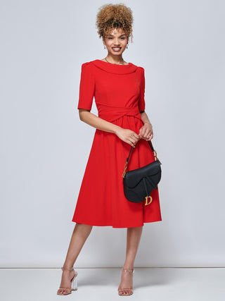 Red Fit And Flare Dress Boat Neck Beckie Fold Over Detail Flared