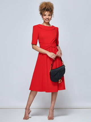 Beckie Fold Over Detail Flared Dress, Red, Elbow Length Sleeve, Fit & Flare, Plain, Midi Dress, Front Image