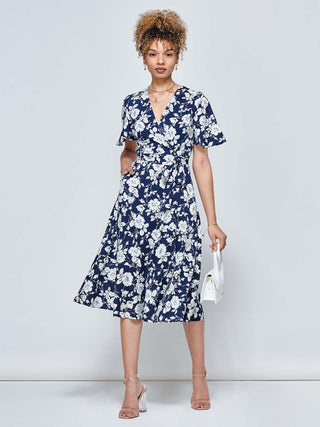 Wylla Wrap Woven Midi Dress, Navy Floral