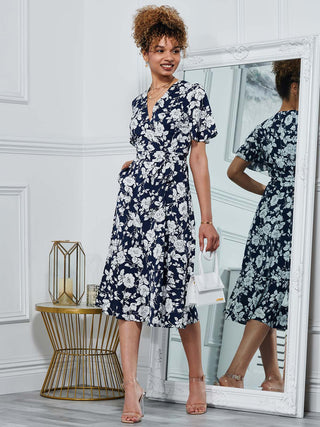 Wylla Wrap Woven Midi Dress, Navy Floral