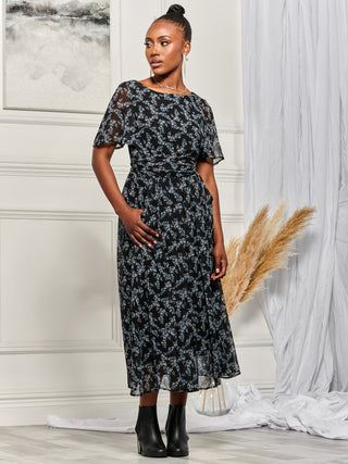 Chiffon Black Floral Maxi Dress With Sleeves Plus Size Black
