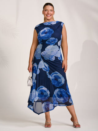 Asymmetric Draped Mesh Midaxi Dress, Blue Floral