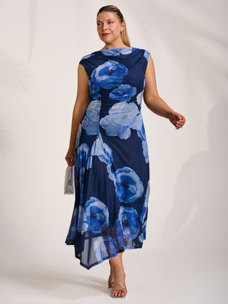 Asymmetric Draped Mesh Midaxi Dress, Blue Floral