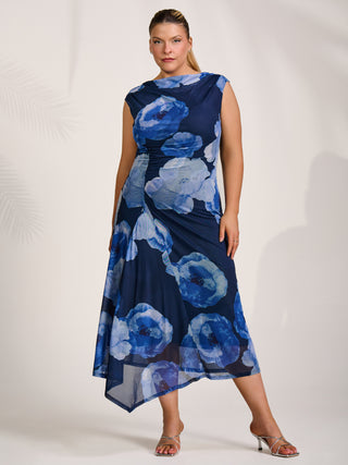Asymmetric Draped Mesh Midaxi Dress, Blue Floral