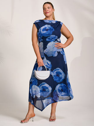 Asymmetric Draped Mesh Midaxi Dress, Blue Floral