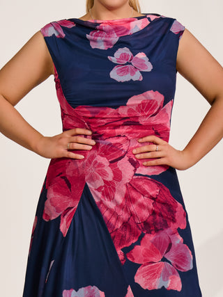 Asymmetric Draped Mesh Midaxi Dress, Fuchsia Floral