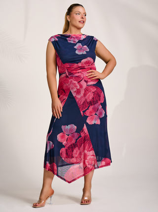 Asymmetric Draped Mesh Midaxi Dress, Fuchsia Floral