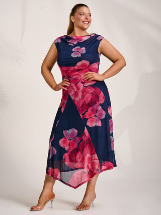 Asymmetric Draped Mesh Midaxi Dress, Fuchsia Floral
