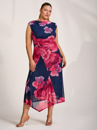 Asymmetric Draped Mesh Midaxi Dress, Fuchsia Floral