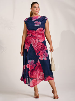 Asymmetric Draped Mesh Midaxi Dress, Fuchsia Floral
