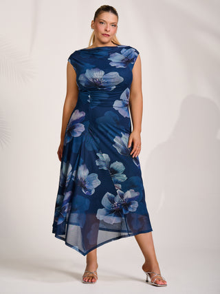 Asymmetric Draped Mesh Midaxi Dress, Navy Floral