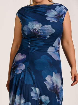 Asymmetric Draped Mesh Midaxi Dress, Navy Floral
