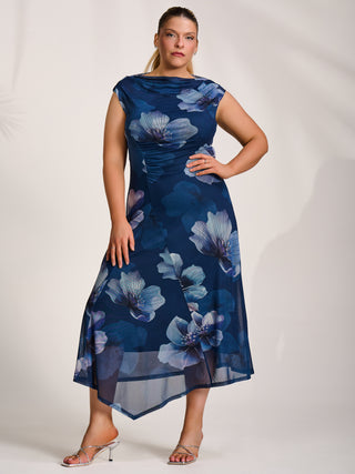 Asymmetric Draped Mesh Midaxi Dress, Navy Floral Jolie Moi Retail Asymmetric Draped Mesh Midaxi Dress, Navy Floral Jolie Moi Retail