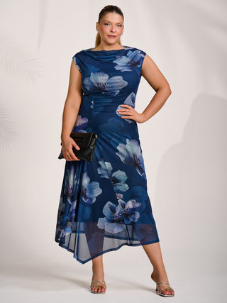 Asymmetric Draped Mesh Midaxi Dress, Navy Floral