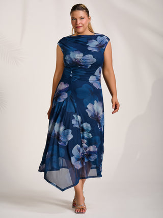 Asymmetric Draped Mesh Midaxi Dress, Navy Floral