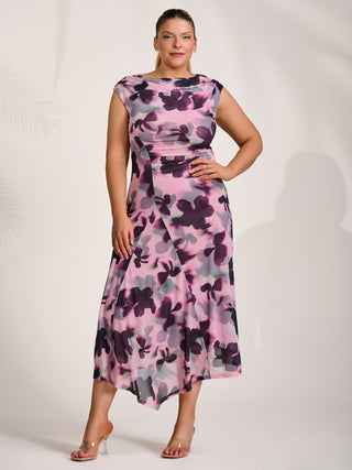 Asymmetric Draped Mesh Midaxi Dress, Pink Abstract – Jolie Moi Retail
