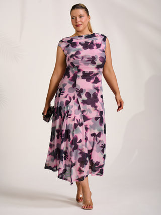 Asymmetric Draped Mesh Midaxi Dress, Pink Abstract