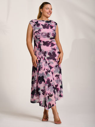 Asymmetric Draped Mesh Midaxi Dress, Pink Abstract