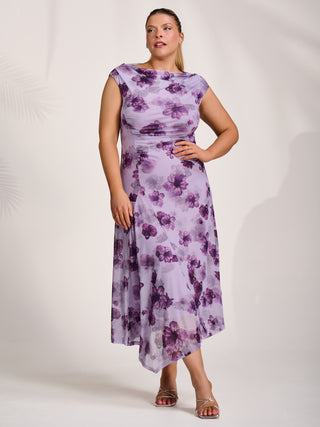 Asymmetric Draped Mesh Midaxi Dress, Purple Floral