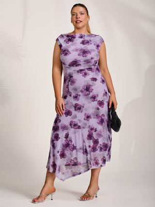 Asymmetric Draped Mesh Midaxi Dress, Purple Floral