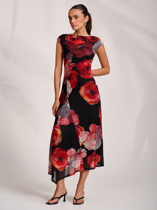 Asymmetric Draped Mesh Midaxi Dress, Red Floral