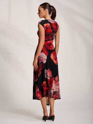 Asymmetric Draped Mesh Midaxi Dress, Red Floral