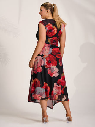 Asymmetric Draped Mesh Midaxi Dress, Red Floral