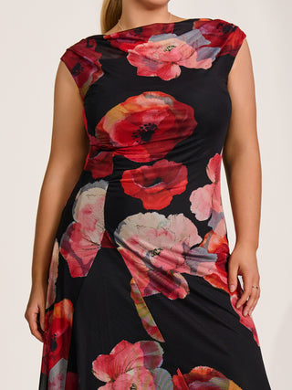 Asymmetric Draped Mesh Midaxi Dress, Red Floral