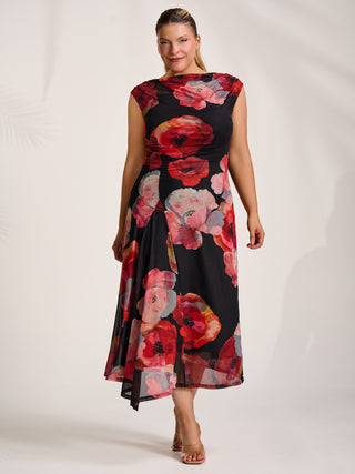 Asymmetric Draped Mesh Midaxi Dress, Red Floral