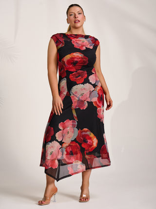 Asymmetric Draped Mesh Midaxi Dress, Red Floral