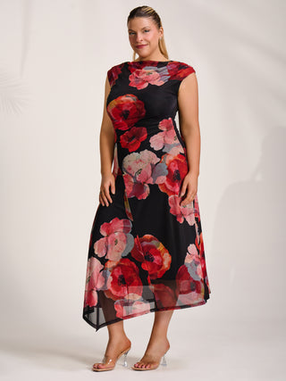 Asymmetric Draped Mesh Midaxi Dress, Red Floral