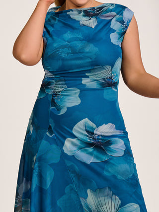 Asymmetric Draped Mesh Midaxi Dress, Teal Floral