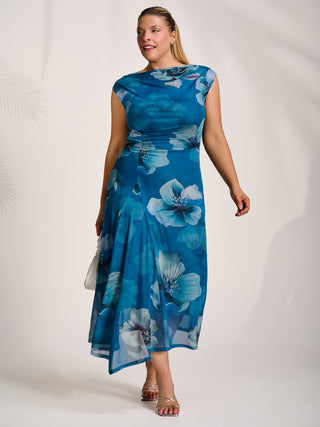 Asymmetric Draped Mesh Midaxi Dress, Teal Floral