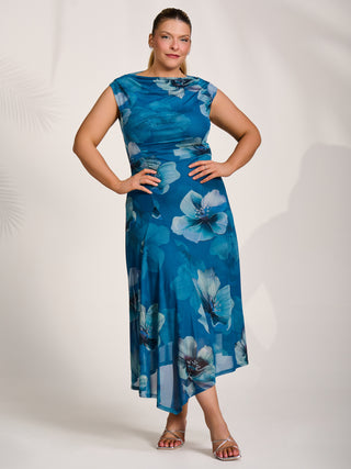 Asymmetric Draped Mesh Midaxi Dress, Teal Floral