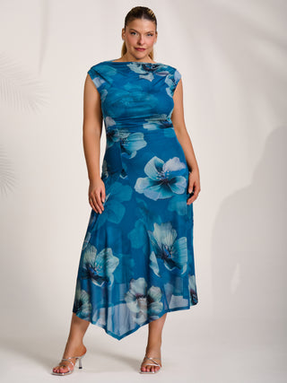 Asymmetric Draped Mesh Midaxi Dress, Teal Floral