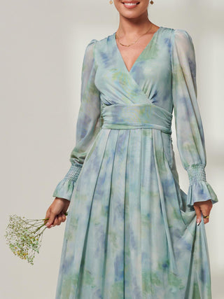 Tie Dye Print Mesh Maxi Dress, Green Multi, Printed Dress, Long sleeve, Long Puff Sleeve, Close Up Image