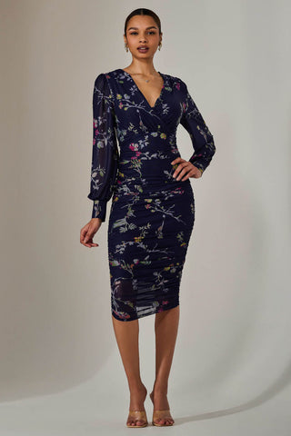 Mesh Bodycon Midi Dress, Navy Red Floral